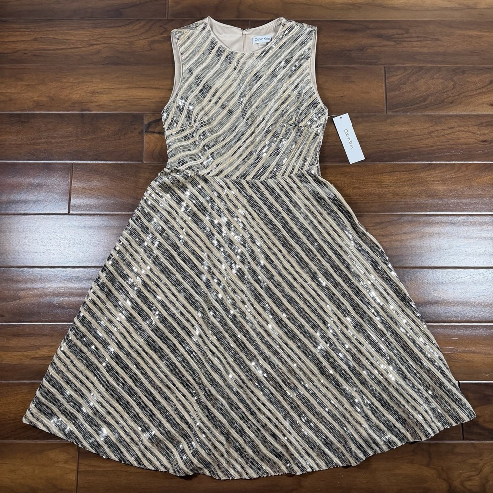 Calvin Klein Women's Size 8 Velvet Sequin Stripe Sleeveless A Line Dress